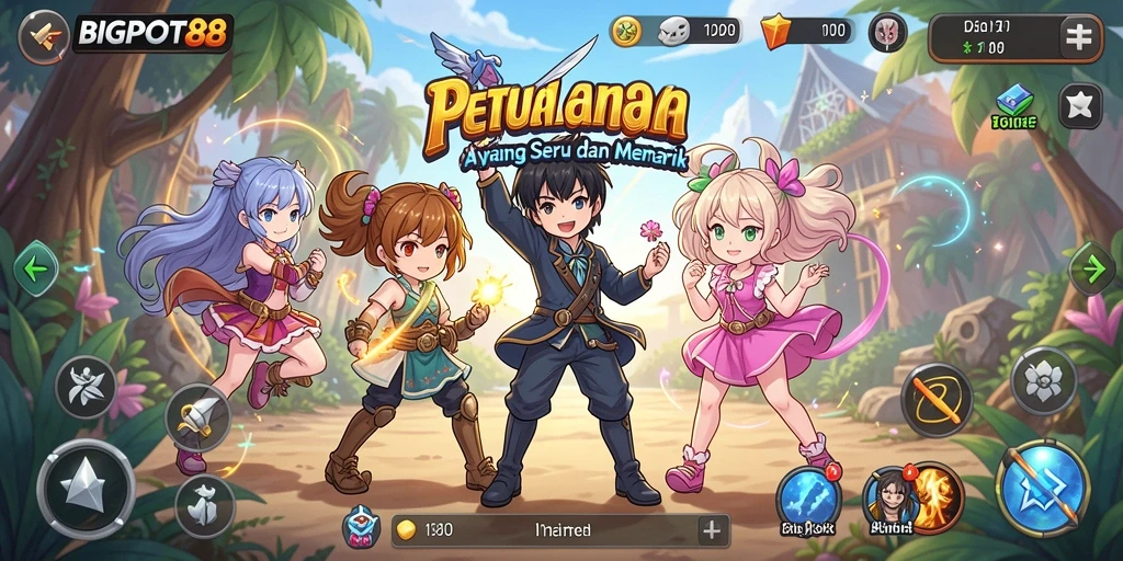 Tampilan gameplay BIGPOT88 yang menakjubkan dengan karakter anime yang penuh warna.