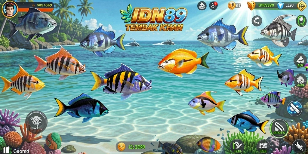 Screenshot gameplay IDN89 yang menampilkan aksi menembak ikan.