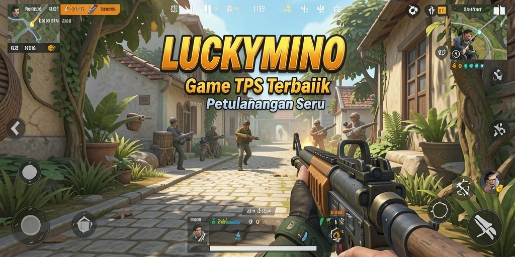 Tampilan gameplay mendebarkan dalam LUCKYMINO dengan aksi tembak-menembak yang seru.