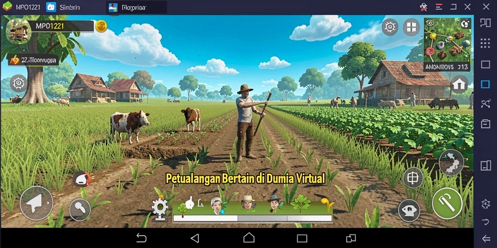 Tampilan gameplay MPO1221 dengan kebun yang subur dan hewan ternak.
