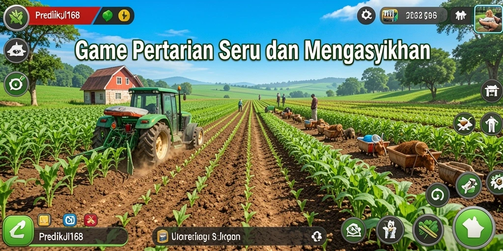 Screenshot gameplay PREDIKSI168 dengan ladang luas dan hewan lucu.