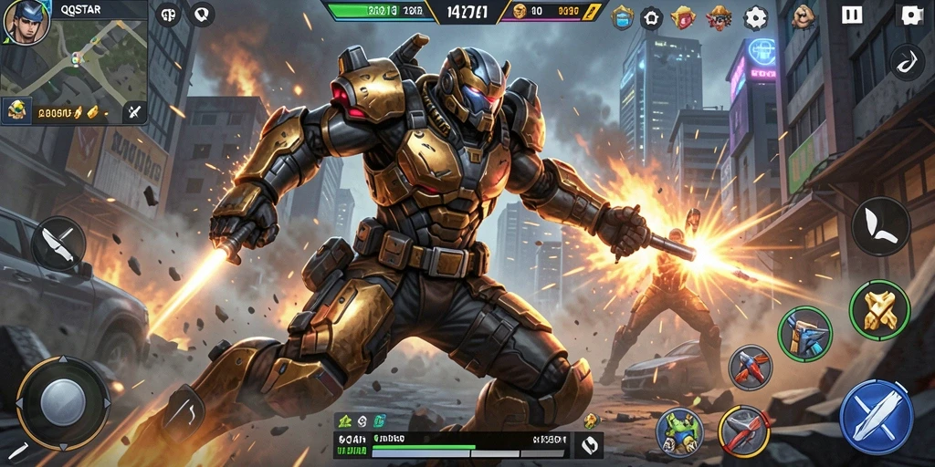 Screenshot utama QQSTAR menampilkan aksi pertarungan yang mendebarkan.