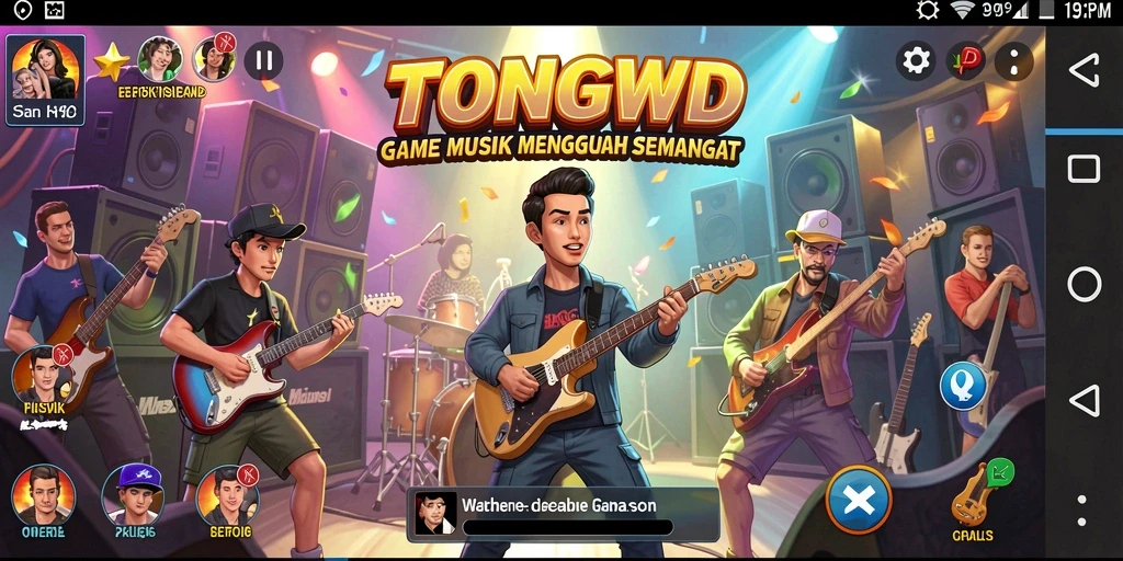 Screenshot utama TONGWD menunjukkan gameplay musik yang seru dan interaktif.