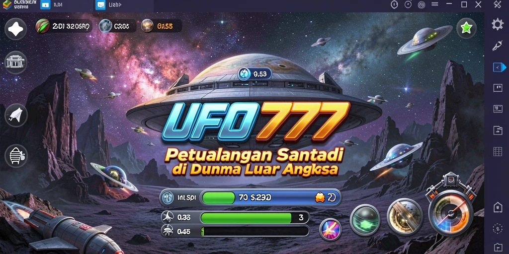 Screenshot gameplay menunjukkan UFO yang menjelajahi planet baru.