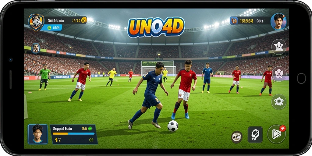 Tangkapan layar gameplay <strong>UNO4D</strong> yang menunjukkan aksi sepak bola yang mendebarkan.